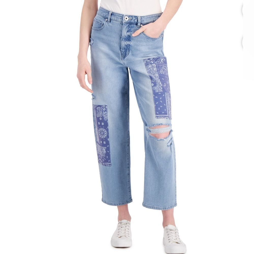 Style & Co  High Rise Patchwork Vintage Classic Mom Jeans Bandana Roses 16 NWT